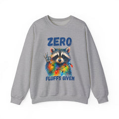 Crewneck Sweatshirt — "Zero Fluffs Given" Raccoon Holiday Gildan Crewneck