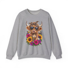 Highland Cow Floral Crewneck Sweatshirt – Sunflower Cow with Bandana & Sunglasses