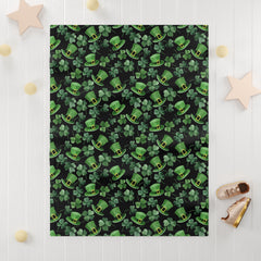 St. Patrick's Day Soft Fleece Dog Blanket - Shamrocks & Leprechaun Hats