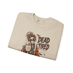 Dead Tired Halloween Crewneck Sweatshirt – Sleepy Skeleton Coffee Graphic Halloween