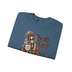 Dead Tired Halloween Crewneck Sweatshirt – Sleepy Skeleton Coffee Graphic Halloween