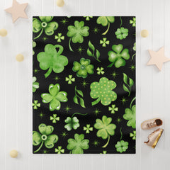 St. Patrick's Day Soft Fleece Dog Blanket - Shamrocks on Black Design