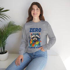 Crewneck Sweatshirt — "Zero Fluffs Given" Raccoon Holiday Gildan Crewneck