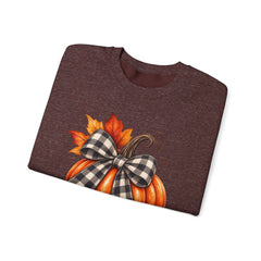 Fall Pumpkin Crewneck Sweatshirt – Buffalo Check Bow & Autumn Leaves