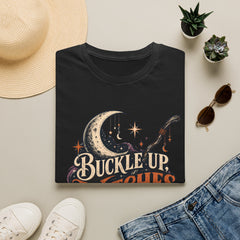 Buckle Up Witches T-Shirt — Retro Moon & Broom Halloween Tee- BP