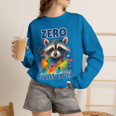 Crewneck Sweatshirt — "Zero Fluffs Given" Raccoon Holiday Gildan Crewneck