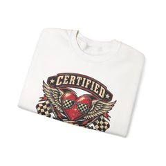 Certified Heartbreaker Crewneck Sweatshirt — Vintage Racing Winged Valentines Heart Graphic