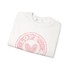 Crewneck Sweatshirt — Pink 'Love More' Heart Stamp Graphic
