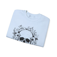 Skull & Floral Crewneck Sweatshirt — Gothic Skull with Flowers Graphic - Halloween