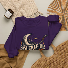 Buckle Up Witches Crewneck Sweatshirt — Retro Moon, Broom & Cauldron Halloween Pullover