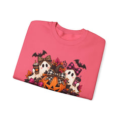 Halloween Pumpkin & Ghost Crewneck Sweatshirt — Cute Spooky Pink Leopard Fall Graphic