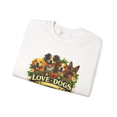 Love Dogs Crewneck Sweatshirt — Cute Paw Print & Dog Portraits Graphic
