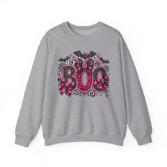 BOO Halloween Crewneck Sweatshirt — Pink Gothic Bat & Floral Design