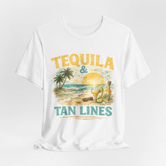 Tequila & Tan Lines Beach T-Shirt — Tropical Sunset Vacation Tee