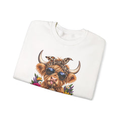 Highland Cow Floral Crewneck Sweatshirt – Sunflower Cow with Bandana & Sunglasses