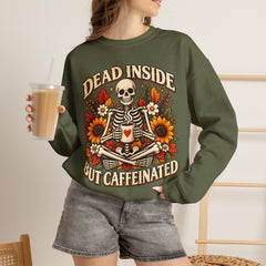 Skeleton Coffee Sweatshirt, Dead Inside But Caffeinated Crewneck, Halloween Gift, Unisex Fall Apparel, Cozy Lounge Wear