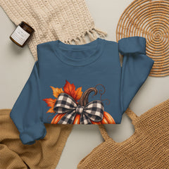 Fall Pumpkin Crewneck Sweatshirt – Buffalo Check Bow & Autumn Leaves