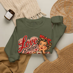 Retro Pin-Up 'Love Is Patient, I Am Not' Graphic Crewneck Sweatshirt Valentine