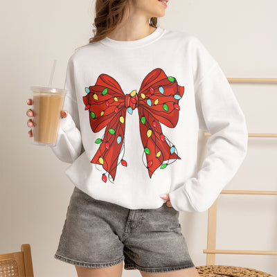 Festive Christmas Bow with Lights, Crewneck Sweatshirt, Holiday Sweatshirt, Winter Fashion, Christmas Apparel