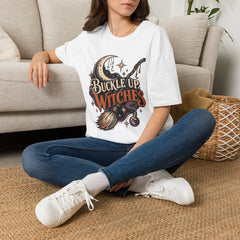 Buckle Up Witches T-Shirt — Retro Moon & Broom Halloween Tee- BP