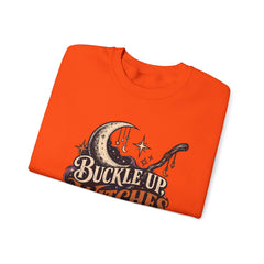 Buckle Up Witches Crewneck Sweatshirt — Retro Moon, Broom & Cauldron Halloween Pullover