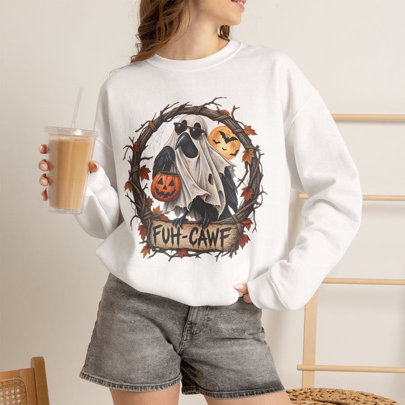 Halloween Ghost Crewneck Sweatshirt – 'Fuh-Cawf' Spooky Pumpkin Design