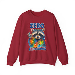 Crewneck Sweatshirt — "Zero Fluffs Given" Raccoon Holiday Gildan Crewneck
