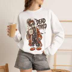 Dead Tired Halloween Crewneck Sweatshirt – Sleepy Skeleton Coffee Graphic Halloween