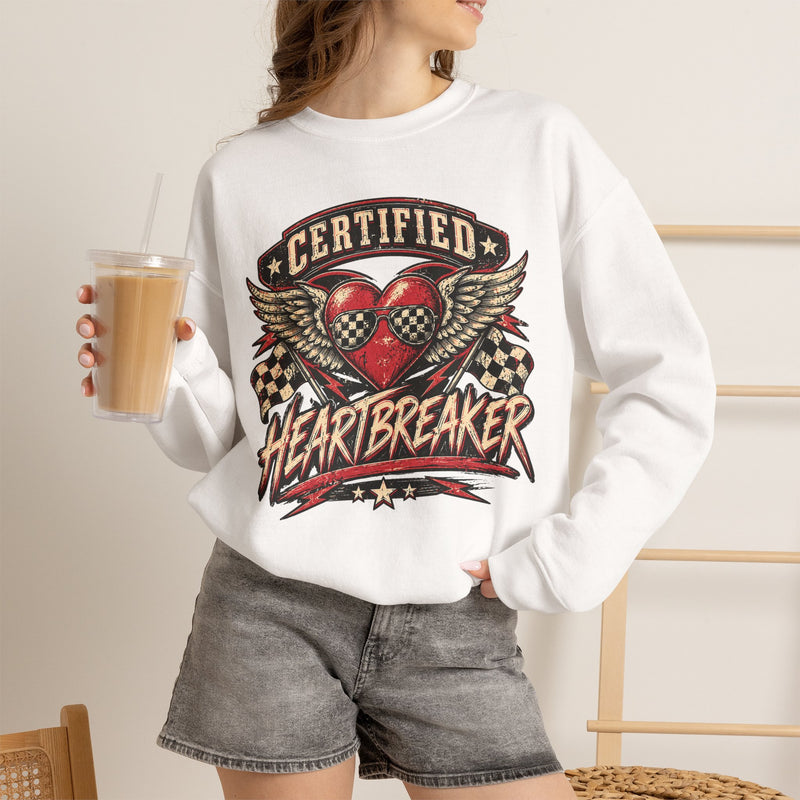 Certified Heartbreaker Crewneck Sweatshirt — Vintage Racing Winged Valentines Heart Graphic