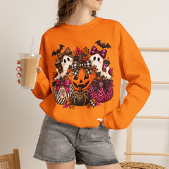 Halloween Pumpkin & Ghost Crewneck Sweatshirt — Cute Spooky Pink Leopard Fall Graphic