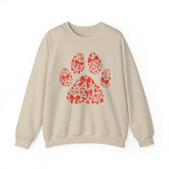 Christmas Bow Paw Print Gildan Sweatshirt — Red Heart Paw Design for Pet Lovers