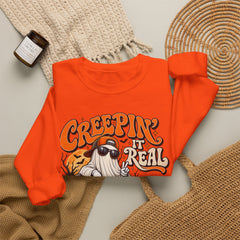 Halloween Ghost Sweatshirt — “Creepin’ It Real” Retro Pumpkin Graveyard Crewneck