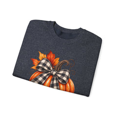 Fall Pumpkin Crewneck Sweatshirt – Buffalo Check Bow & Autumn Leaves