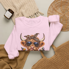 Highland Cow Floral Crewneck Sweatshirt – Sunflower Cow with Bandana & Sunglasses