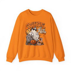 Halloween Ghost Sweatshirt — “Creepin’ It Real” Retro Pumpkin Graveyard Crewneck