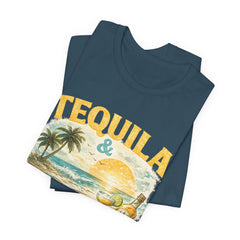 Tequila & Tan Lines Beach T-Shirt — Tropical Sunset Vacation Tee