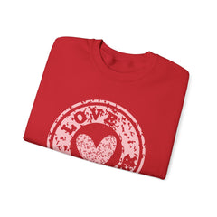 Crewneck Sweatshirt — Pink 'Love More' Heart Stamp Graphic