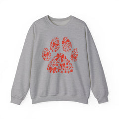 Christmas Bow Paw Print Gildan Sweatshirt — Red Heart Paw Design for Pet Lovers