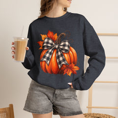 Fall Pumpkin Crewneck Sweatshirt – Buffalo Check Bow & Autumn Leaves