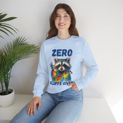 Crewneck Sweatshirt — "Zero Fluffs Given" Raccoon Holiday Gildan Crewneck