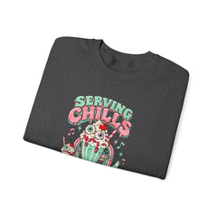 "Serving Chills with Extra Whipped Cream" Cozy Graphic Pullover Sweatshirt- Halloween