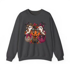 Halloween Pumpkin & Ghost Crewneck Sweatshirt — Cute Spooky Pink Leopard Fall Graphic