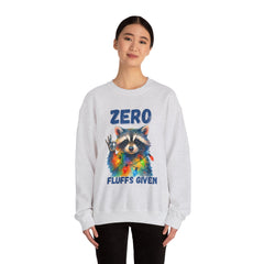 Crewneck Sweatshirt — "Zero Fluffs Given" Raccoon Holiday Gildan Crewneck