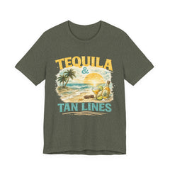 Tequila & Tan Lines Beach T-Shirt — Tropical Sunset Vacation Tee
