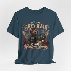 It's Not Grey Hair It's Wisdom Glitter T-Shirt — Vintage Skull & Rose Biker Tee for Women & Men