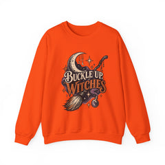 Buckle Up Witches Crewneck Sweatshirt — Retro Moon, Broom & Cauldron Halloween Pullover
