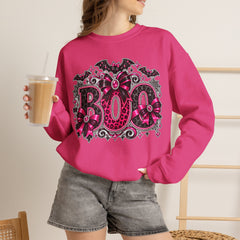 BOO Halloween Crewneck Sweatshirt — Pink Gothic Bat & Floral Design